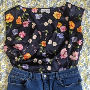 Silky Navy Floral Button Front Vest Top